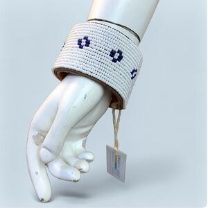 Swahili Coast Beaded Leather Cuff Bracelet Dark Blue/White